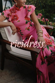 Cheongsam Style Rose Floral Print Tiered Flare Sleeve Stretch Maxi Dress