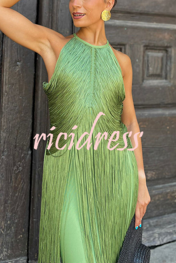 Fashion Sleeveless Halter Neck Elegant Tassel Slim Maxi Dress