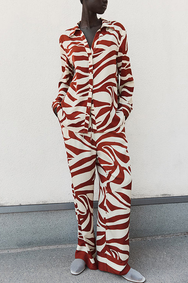 Unique Print Lapel Long Sleeve Loose Shirt and Elastic Waist Casual Pocket Wide Leg Pants Set