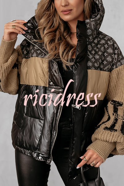 Stylish Denim Knit Long-sleeved Patchwork Hooded Pocket Thickened Jacket