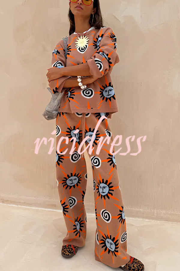 Mediterranean Art Knit Unique Sun Vortex Print Elastic Waist Wide Leg Pants