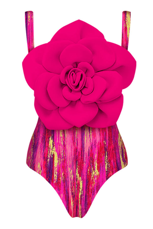 Fashionable Contrast Color Large Flower Stretch One-piece Swimsuit