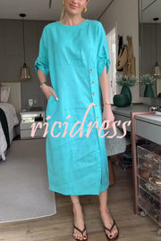 Ultra-comfortable Linen Blend Half Sleeve Front Button Detail Relaxed Pocket Midi Dress