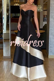 Vivian Satin Contrast Color Sweetheart Bandeau Neck Pocket Layered Maxi Dress