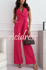 Make Your Entrance Lapel Belt Pocketed Wide Leg Formal Jumpsuit