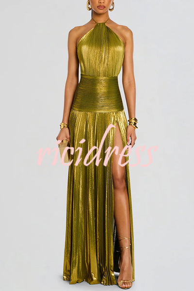 Glamorous Metallic Pleated Fabric Open Back Halter Slit Maxi Dress