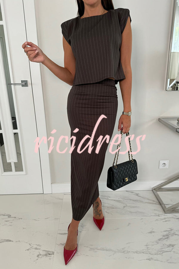 Trendy Business Striped Shoulder Padded Top and Elastic Waist Pencil Slit Skirt Set