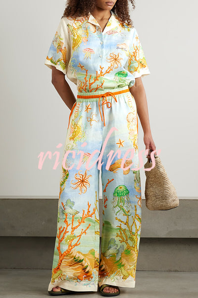 Unique Printed Lapel Short Sleeve Loose Shirt and Elastic Waist Casual Pocket Vacation Pants Set