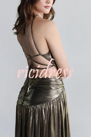 Shine Bright Metallic Fabric One Shoulder Cutout Back Lace-up Slit Maxi Dress