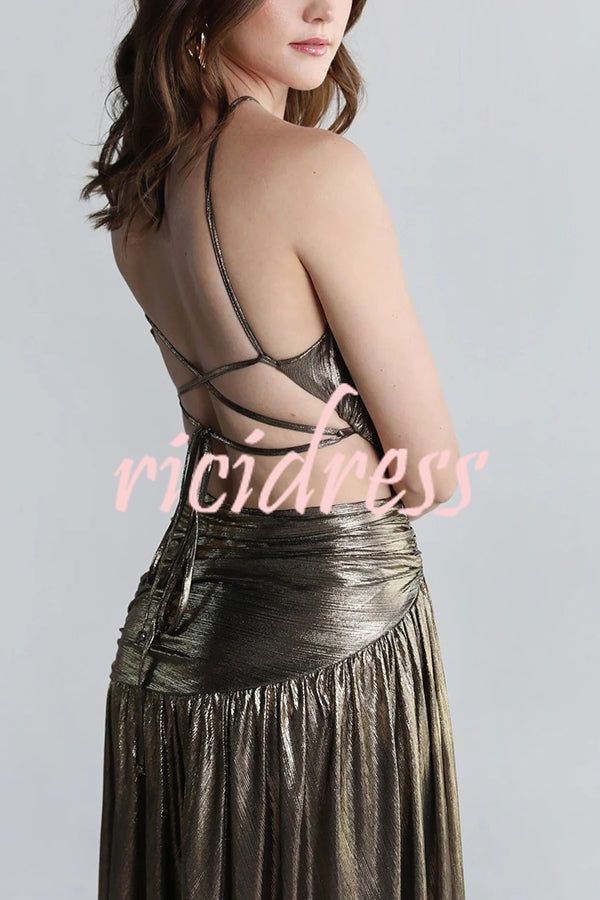 Shine Bright Metallic Fabric One Shoulder Cutout Back Lace-up Slit Maxi Dress