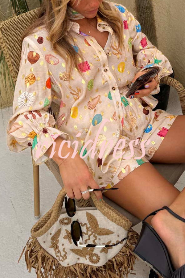 Fashionable Gold Stamping Unique Printing Lapel Long Sleeve Shirt and Elastic Waist Casual Pocket Shorts Set