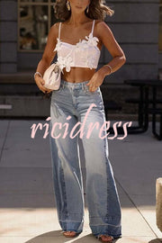 Ellison Denim Side Colorblock High Rise Pocket Wide Leg Jeans
