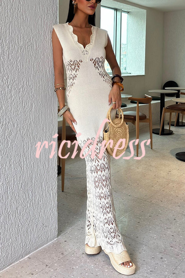 Solid Color Hollow Knitted V-neck Slim Fishtail Maxi Dress