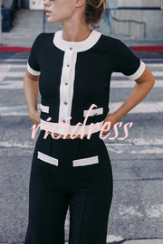 Fashionable Contrast Color Short-sleeved Button-down Top
