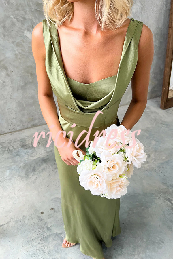 Chic Muse Satin Solid Color Cowl Neck Back Tie-up Maxi Dress