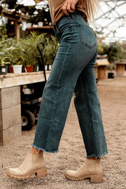 Stylish Raw-edge Mid-rise Pocket Stretch Straight-leg Jeans