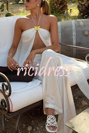 Lily Metal Flower Front Slit Halter Midi Top and V-waist Wide Leg Pants Set