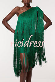 Fashion One-shoulder Slim-fit Elegant Tassel Mini Dress
