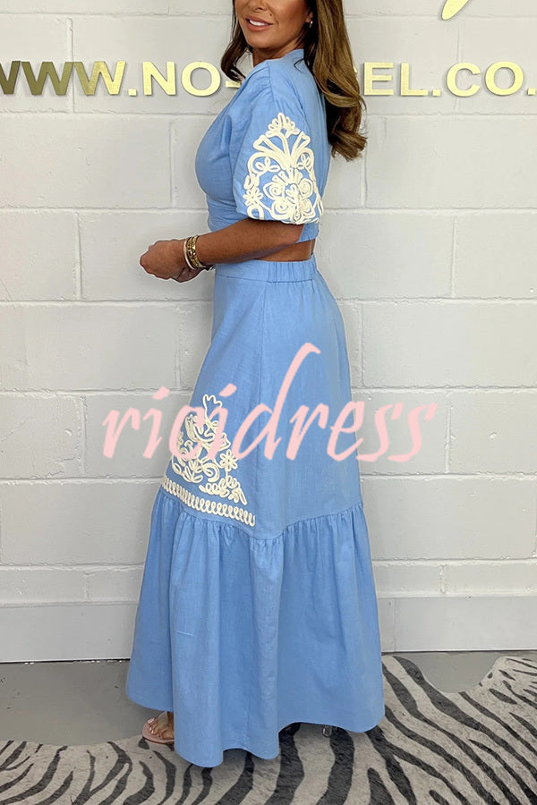 Stylish V-neck Puff-sleeved Crop Top and Elastic Waist Paneled Maxi Skirt Set