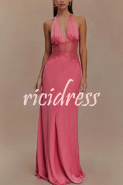 Seductive Details Satin Lace Waist Halter Tie-up Backless Maxi Dress