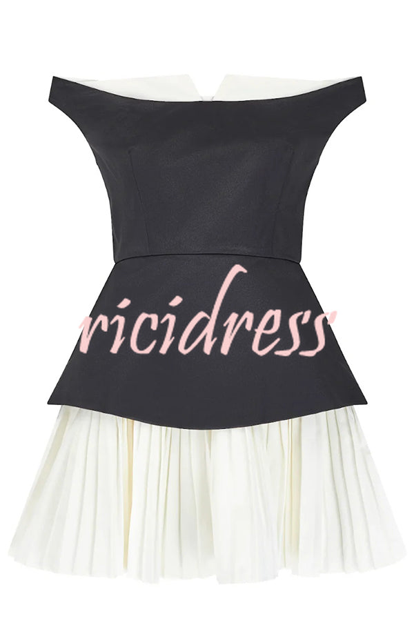 Love Unscripted Patchwork Off-shoulder Sleeveless Pleated Mini Dress