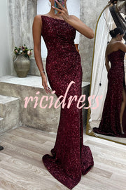 Let The Banquet Begin Sequin Off Shoulder Side Ruched Slit Maxi Dress
