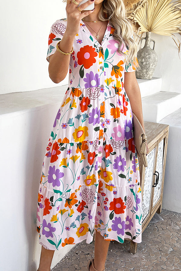 Bohemian Resort Style Print Casual Short Sleeve Button Midi Dress