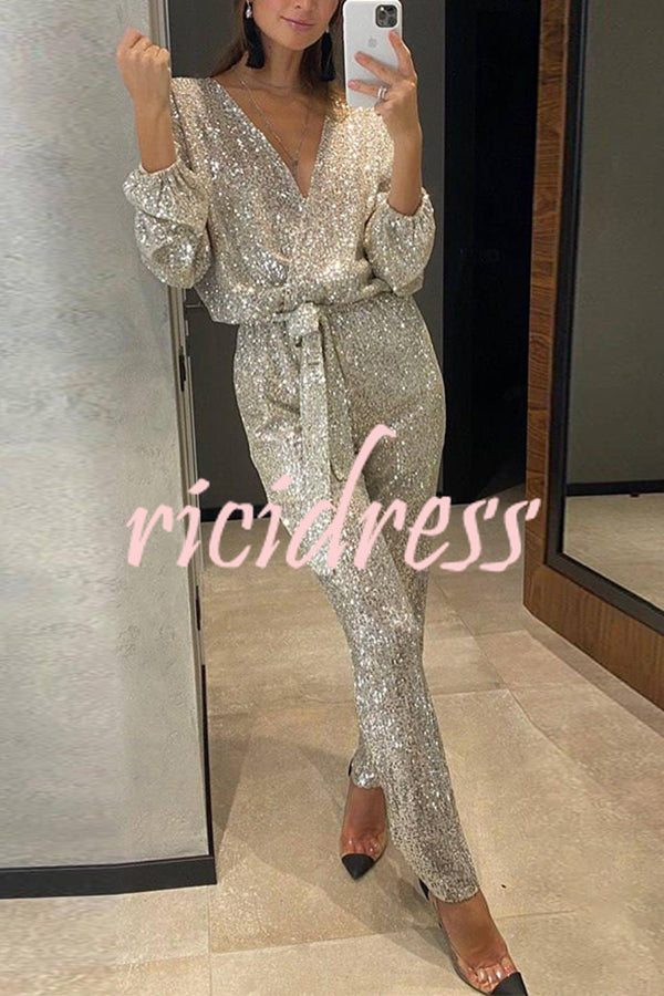 Cheers To You Sequin Long Sleeve Belted Wrap Loose Jumpsuit