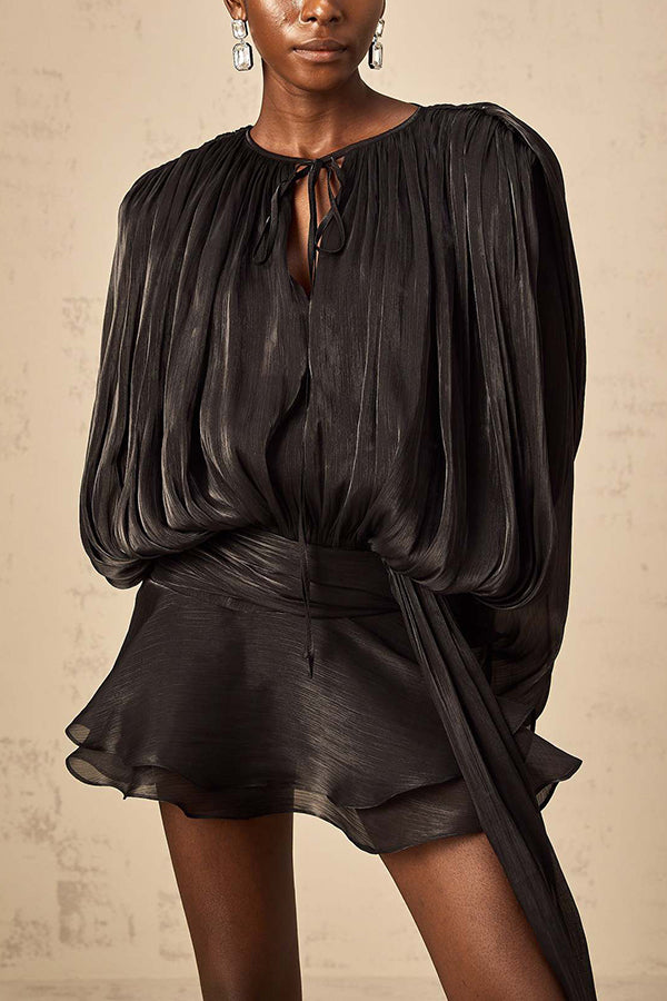 Solid Color Long-sleeved Belted Asymmetrical Mini Dress and Elastic Waist Casual Shorts Set