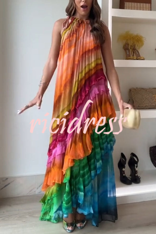 Rosha Georgette Crepe Tie-dye Print Layered Ruffles A-line Maxi Dress