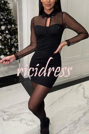 Sexy Energy Mesh Glitter Fabric Cutout Shirt Neck Long Sleeve Stretch Mini Dress