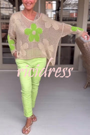 Embroidered Flower Hollow Long-sleeved Holiday Loose Knitted Top