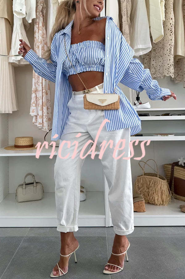 Zoie Striped Stretch Bandeau + Elastic Waist Pocket Shorts + Oversized Blouse 3 Pieces Set