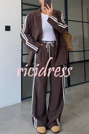Levvie Striped Trim Long Sleeve Lapel Blazer and Rope Belt Pocketed Wide Leg Pants Set
