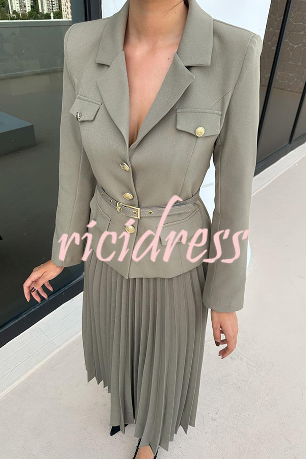 Solid Color Lapel Button Belt Blazer and Pleated Casual Maxi Skirt Set