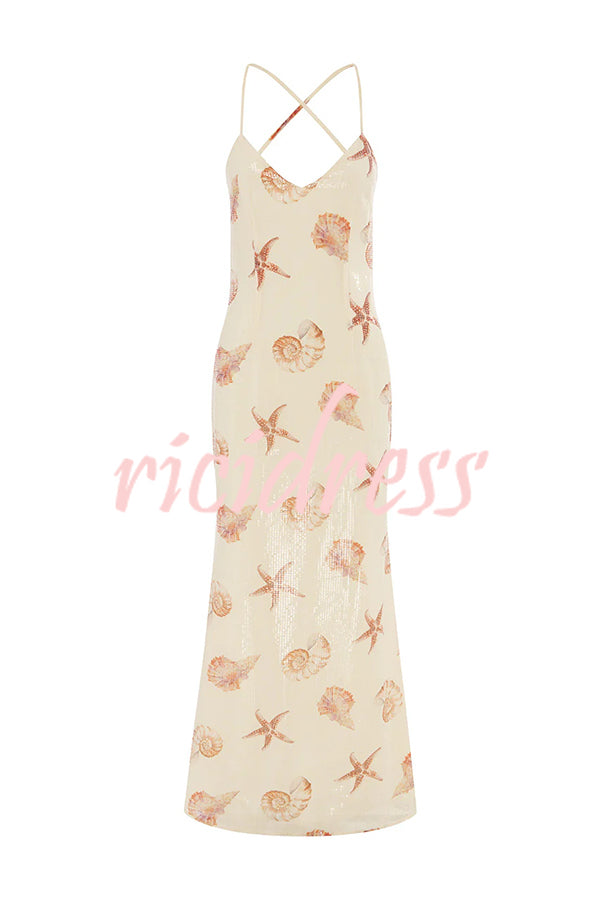 Beach Club Sequin Unique Print Open Back Stretch Maxi Dress