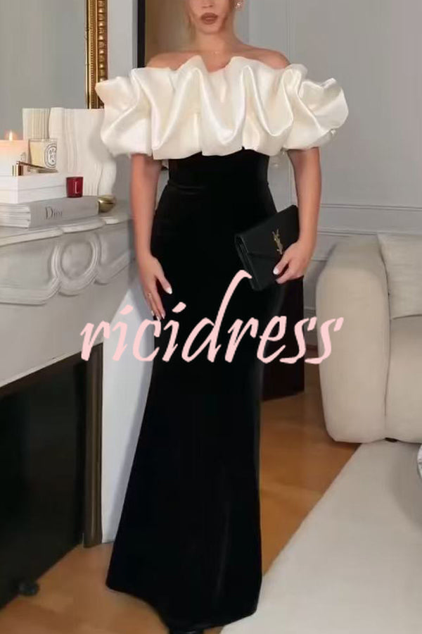 Cecily Velvet Off Shoulder Satin Structured Bardot Neck Stretch Maxi Dress