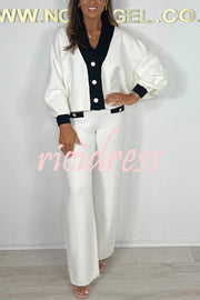 Fashion Contrast Color V-neck Loose Cardigan and Elastic Waist Casual Pants Set