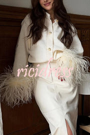 Solid Color Elegant Feather Long Sleeve Casual Knitted Cardigan