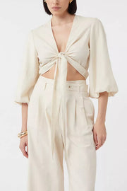 Lets Go Out Linen Blend Balloon Sleeve Wrap Tie-up Loose Top
