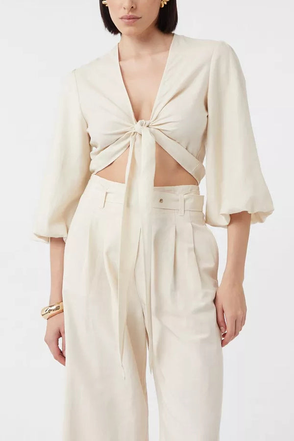Lets Go Out Linen Blend Balloon Sleeve Wrap Tie-up Loose Top