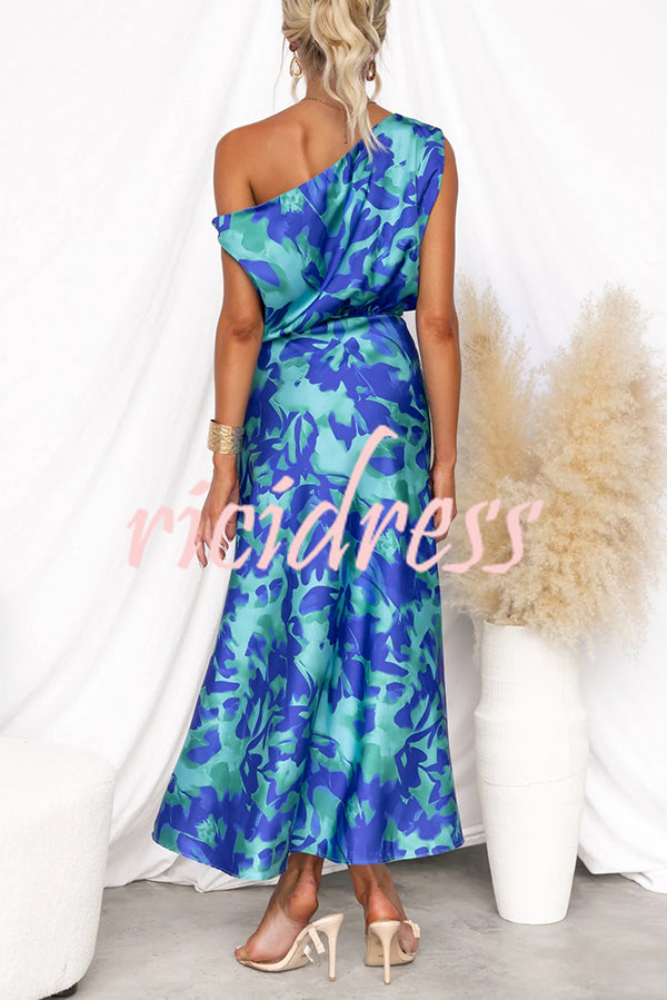Satin Unique Print One Shoulder Tie Waist Slit Maxi Dress