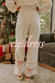 Candy Cane Cutie Loose Bow Tie Long-Sleeved Sweatshirt and Elastic Waist Pocket Pants Set