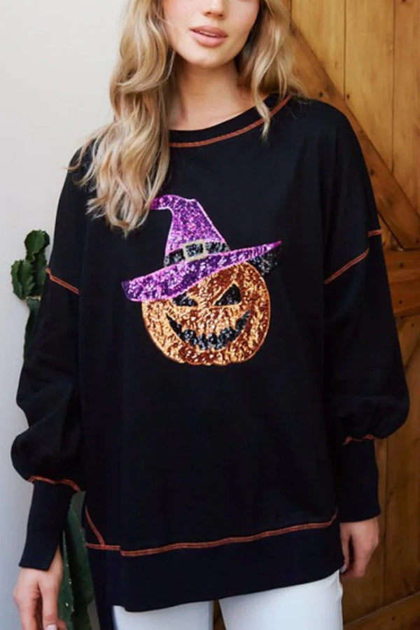 Halloween Sequined Pumpkin Loose Casual Sweatshirt