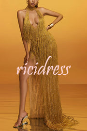 Glimmer Hour Shiny Layered Tassels Halter Cutout Neck Split Maxi Dress