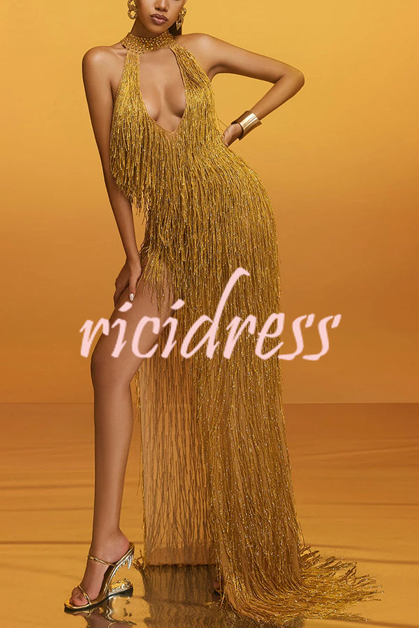Glimmer Hour Shiny Layered Tassels Halter Cutout Neck Split Maxi Dress