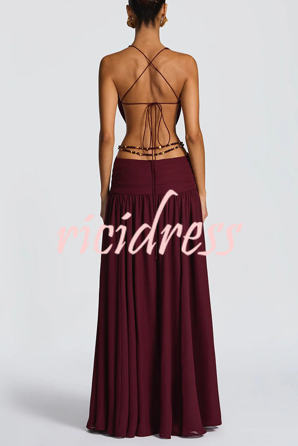 Kinara Leopard Print Deep V-neck Metal Flower Hollow Beads Detail Slit Maxi Dress