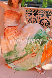 Fairy Tale Town Sunset Unique Print Off Shoulder Smocked Maxi Dress