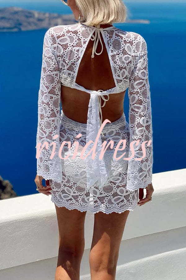 Santorini Sunset Floral Lace Long Sleeve Backless Tie-up Vacation Mini Dress