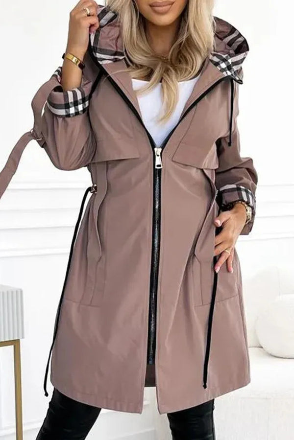 Fashionable Hooded Long-sleeved Zipper Plaid Casual Mid-length Jacket